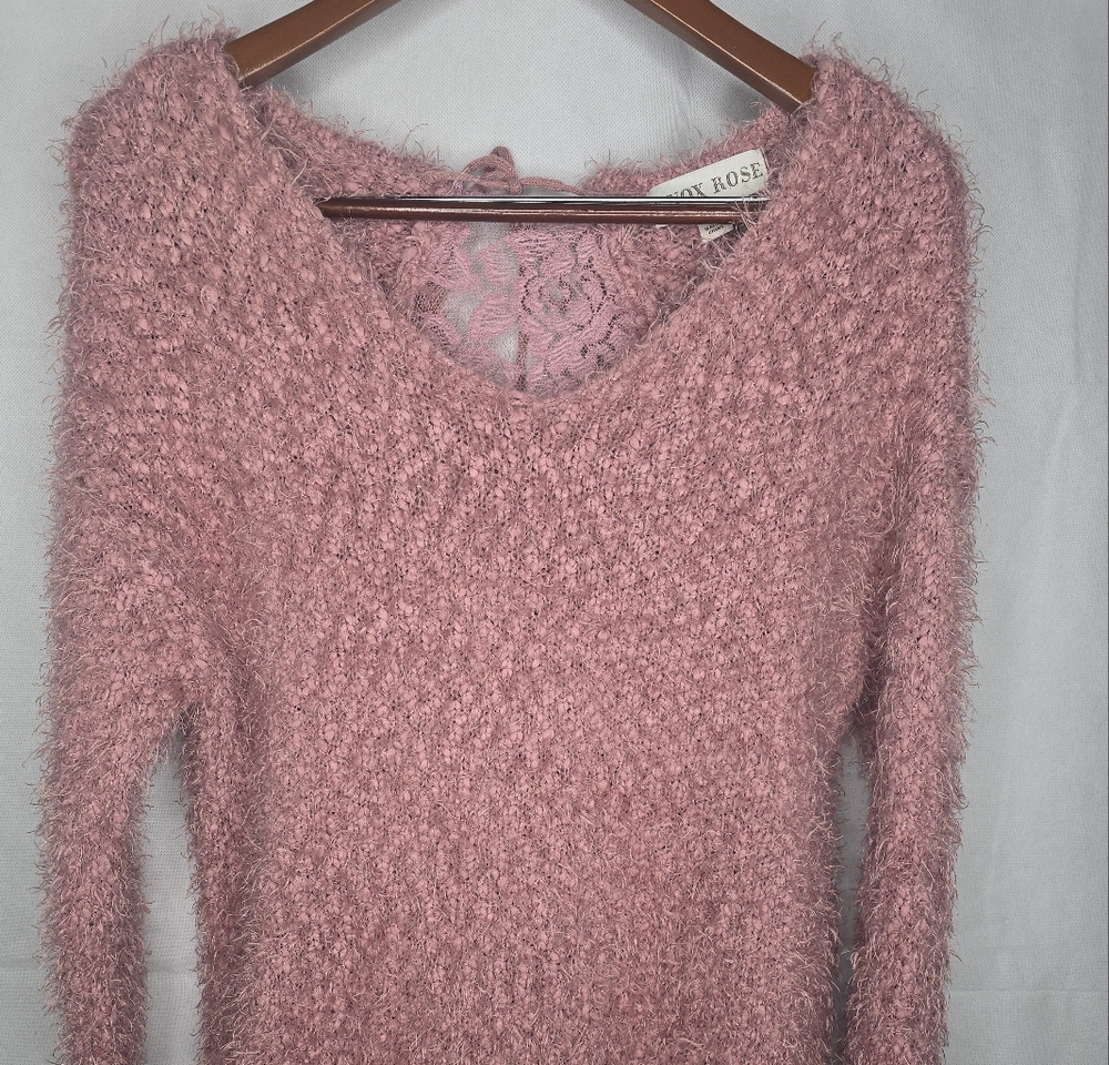 Knox Rose Sweater Dusty Pink Fuzzy Split Open Lace Back Long Sleeve Pullover L